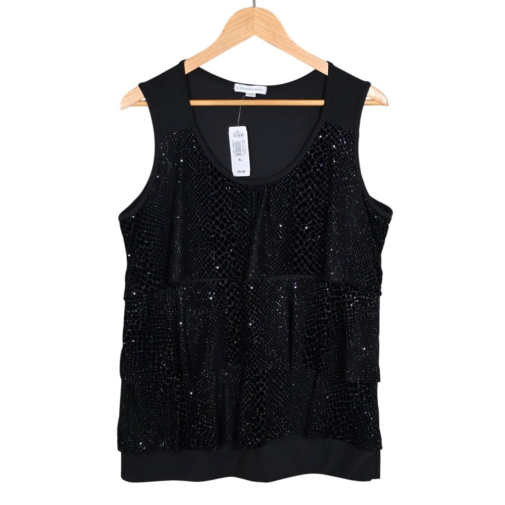 NWT Warehouse One Women's Black Sparkle Tiered Sleeveless Party Tank Top XL